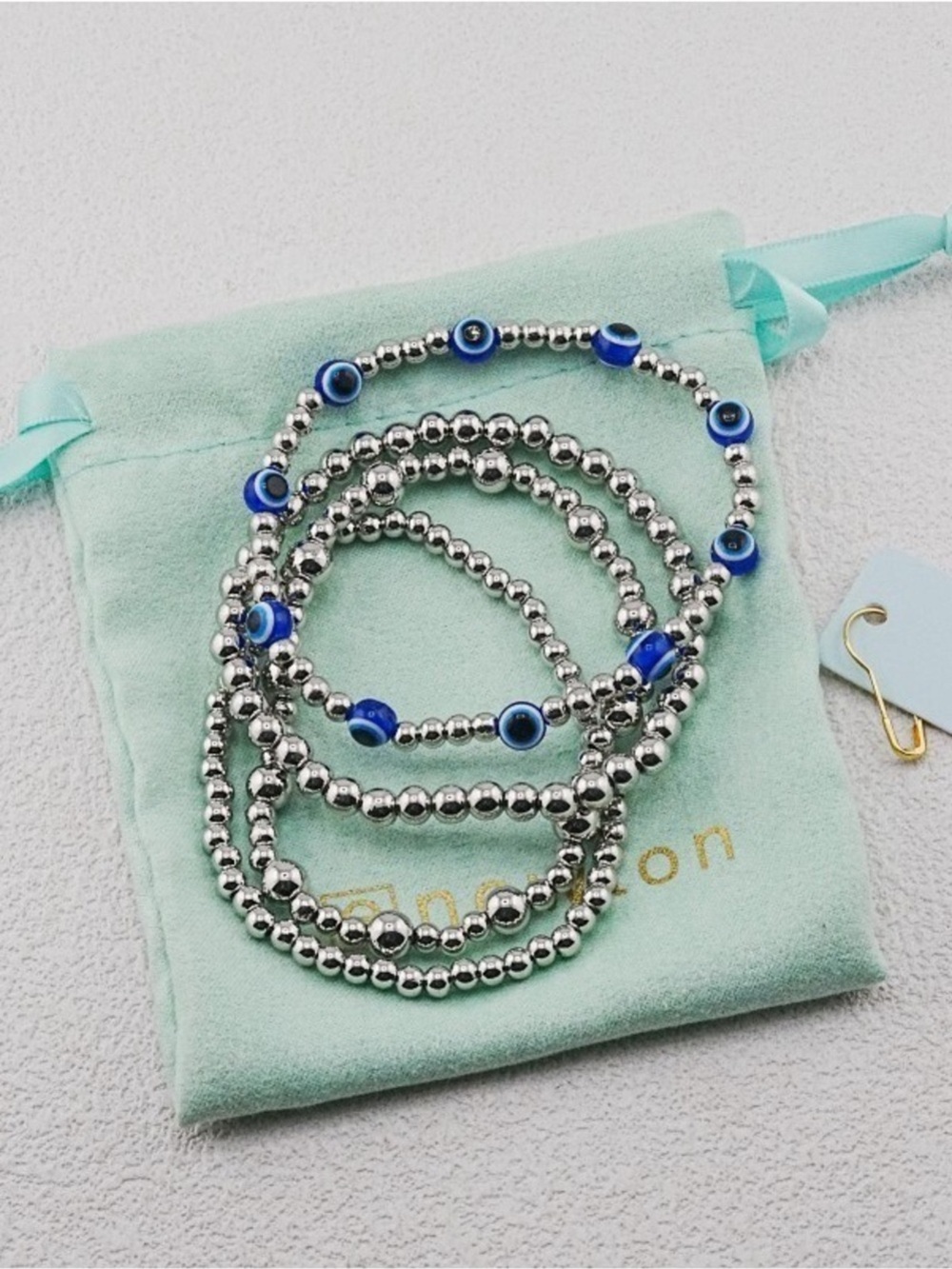 Silver Bead Stack Bracelet Set with Blue Evil Eye Accents